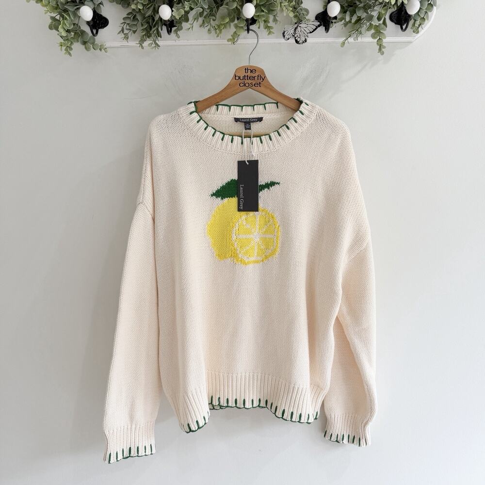New Laurel Grey Lemon Embroidered Sweater XL 5-6053 limoncelo